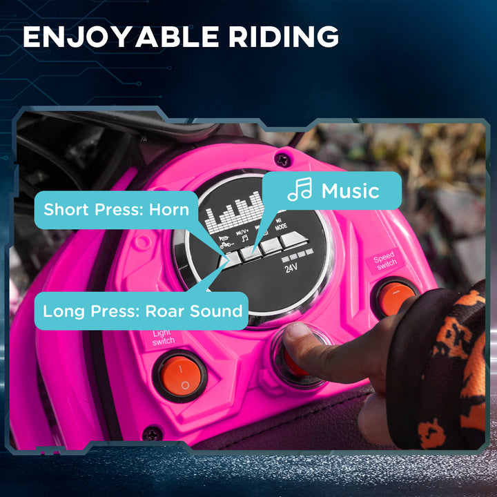 24V Electric Motorbike with Twist Grip Throttle, Music, Horn, 12" Pneumatic Tyres, 16km/h Max Speed - Pink