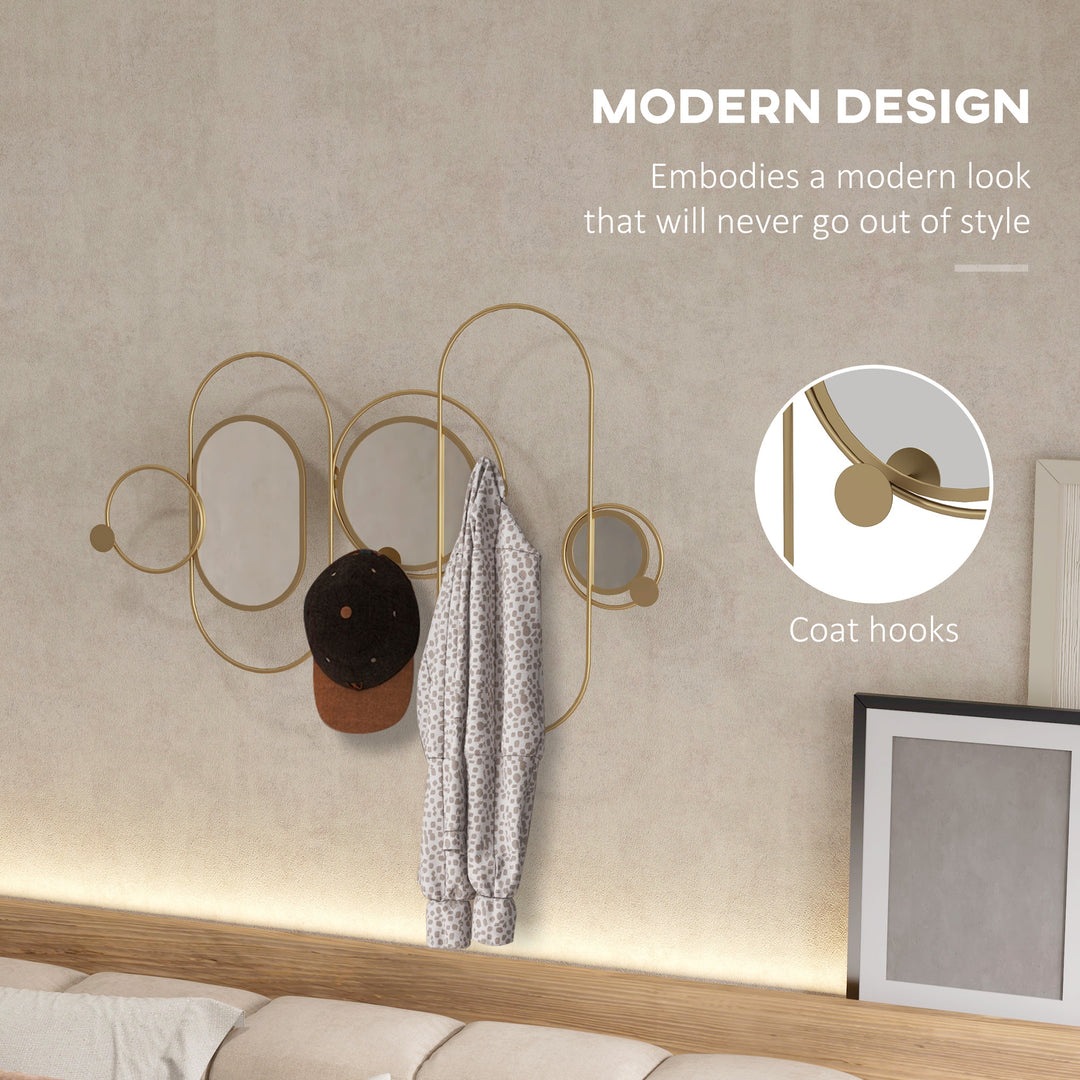 HOMCOM Decorative Metal Wall Mirror with Coat Hooks, Modern Art for Living Room Bedroom, Gold Tone | Aosom UK