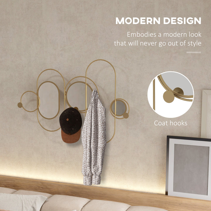 HOMCOM Decorative Metal Wall Mirror with Coat Hooks, Modern Art for Living Room Bedroom, Gold Tone