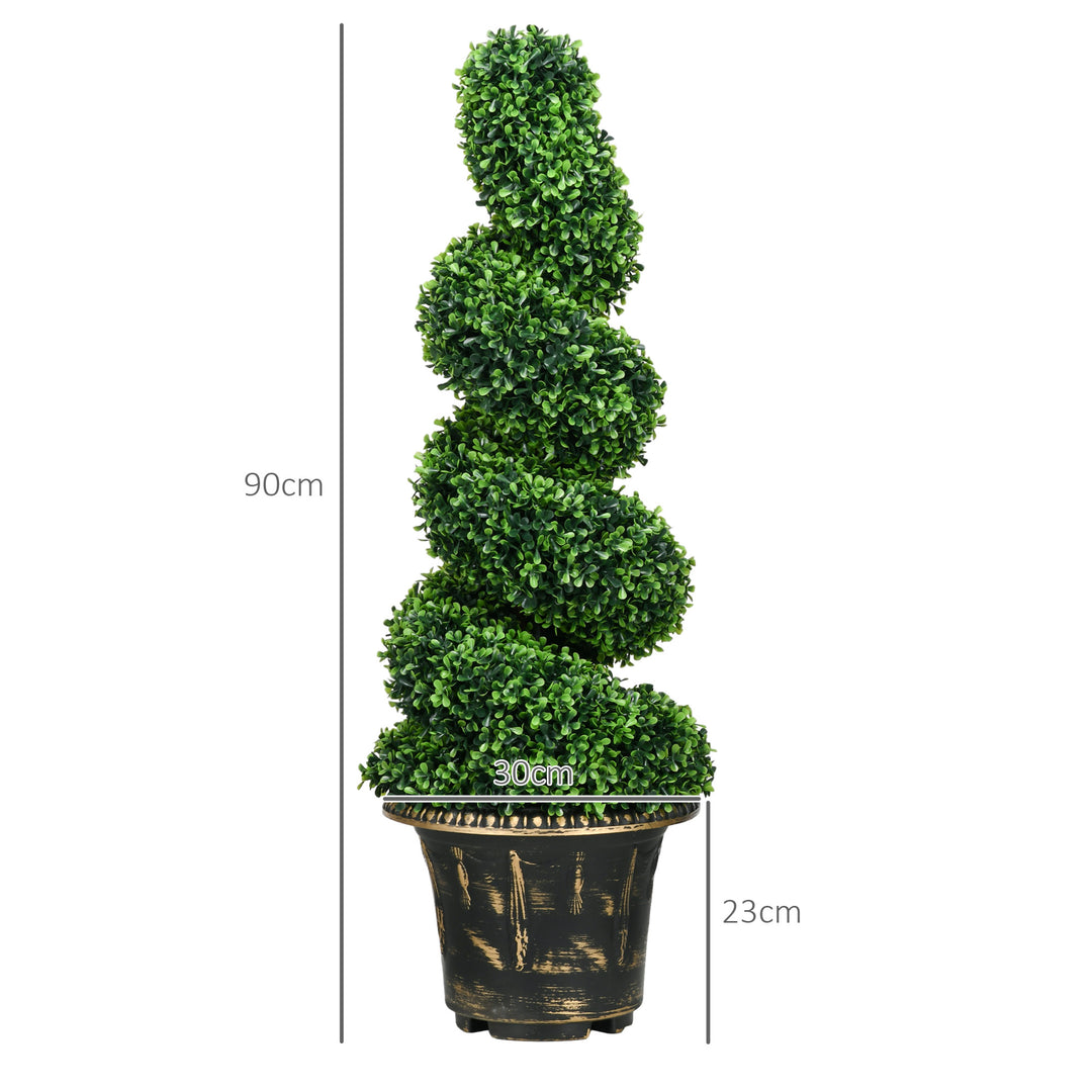 HOMCOM Set of 2 Artificial Plants, Topiary Spiral Boxwood Trees with Pot, for Home Indoor Outdoor Decor, 90cm | Aosom UK