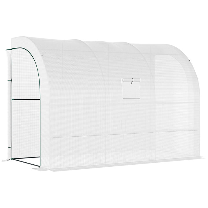 Outsunny Walk-In Greenhouse: Outdoor Plant Nursery with Zippered Doors, PE Cover, 3-Tier Shelves, White, 300x150x213cm | Aosom UK