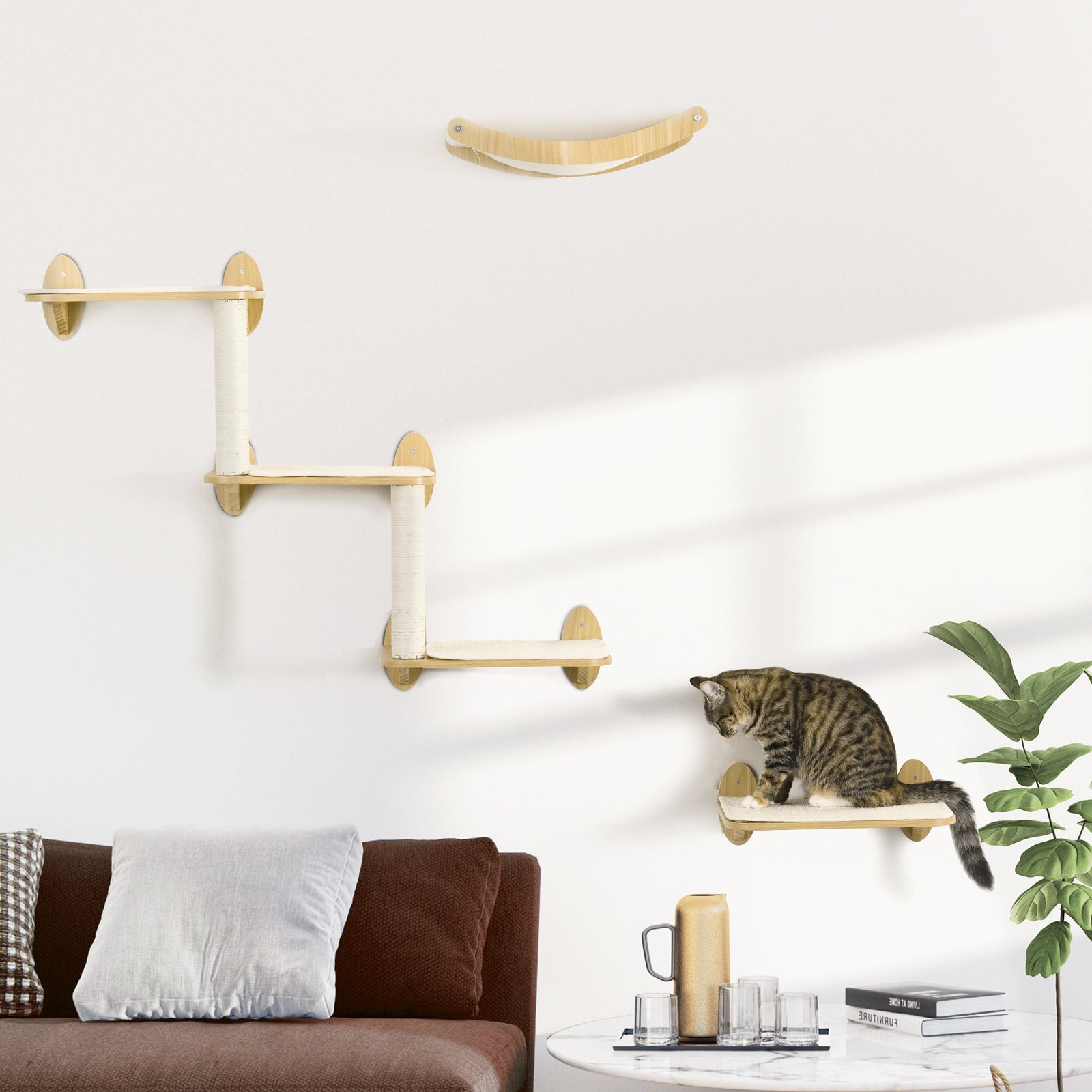 3PCs Wall-Mounted Cat Shelves, with Jumping Platforms, Hammock, Scratching Post - Oak Tone