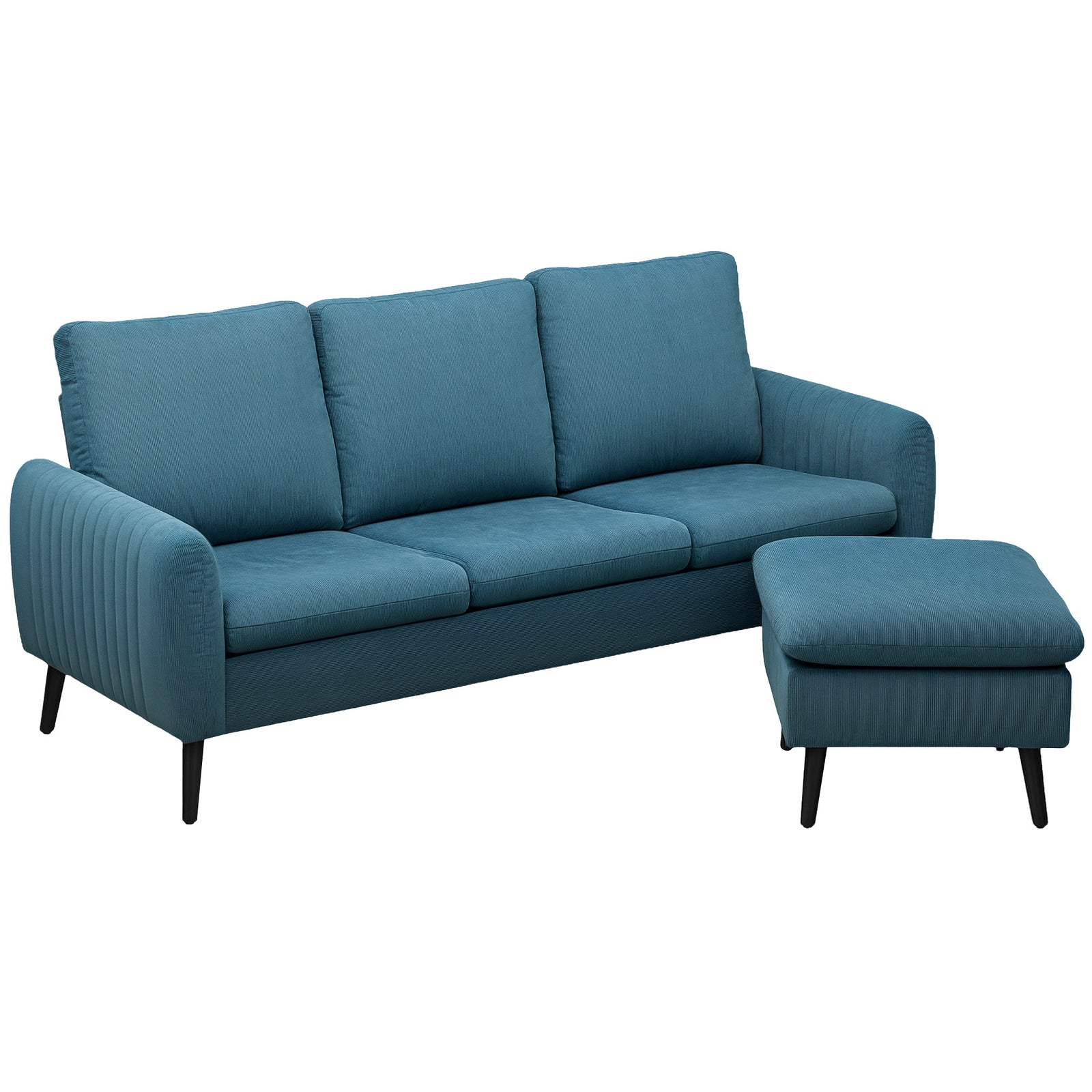 3 Seater Sofa with Ottoman, 196cm Corduroy L-shaped Sofa Couch with Scatter Back, Reversible Chaise Lounge for Living Room, Home Office, Small Spaces, Blue