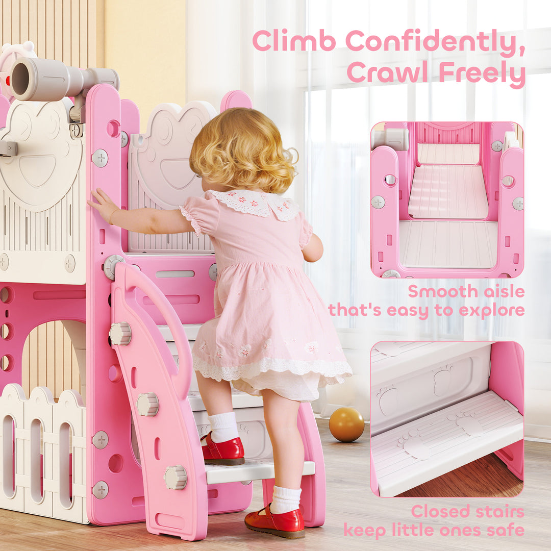AIYAPLAY 7 in 1 Toddler Slide Set with Basketball Hoop, Climbing Frame, Telescope, Drawing Board, Storage Box, Pink