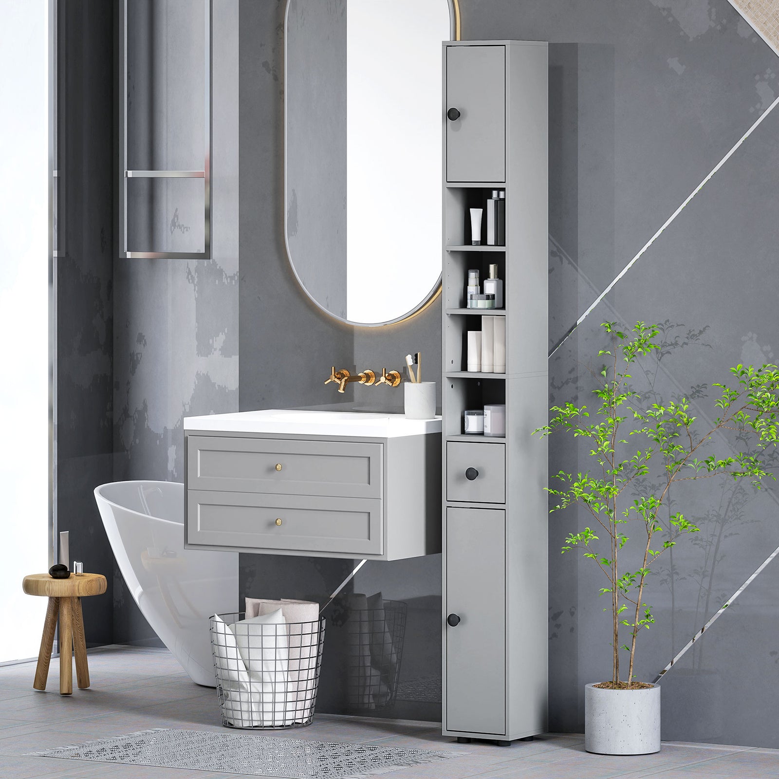 180cm Slim Bathroom Cabinet, with Drawer, Shelves and Cupboards - Grey