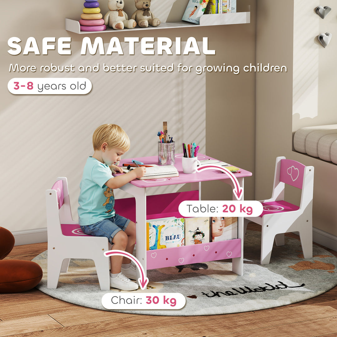 3 Pieces Kids Table and Chair Set, Toddler Activity Table with Bookshelves, for Living Room, Nursery, Playroom