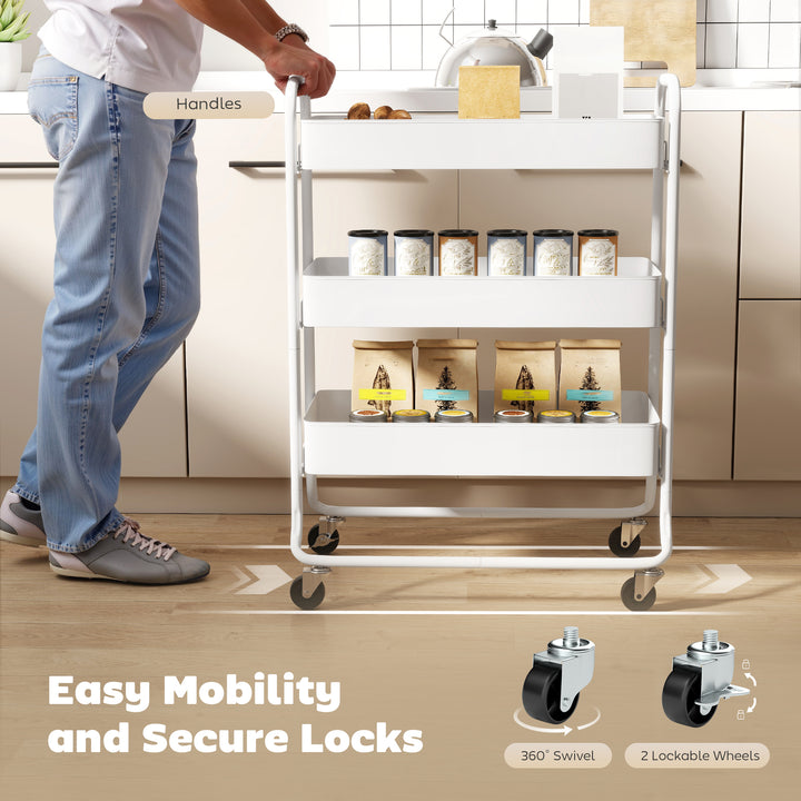 3-Tier Storage Trolley on Wheels, Rolling Utility Cart with Mesh Backets for Kitchen, Bathroom, Bedroom