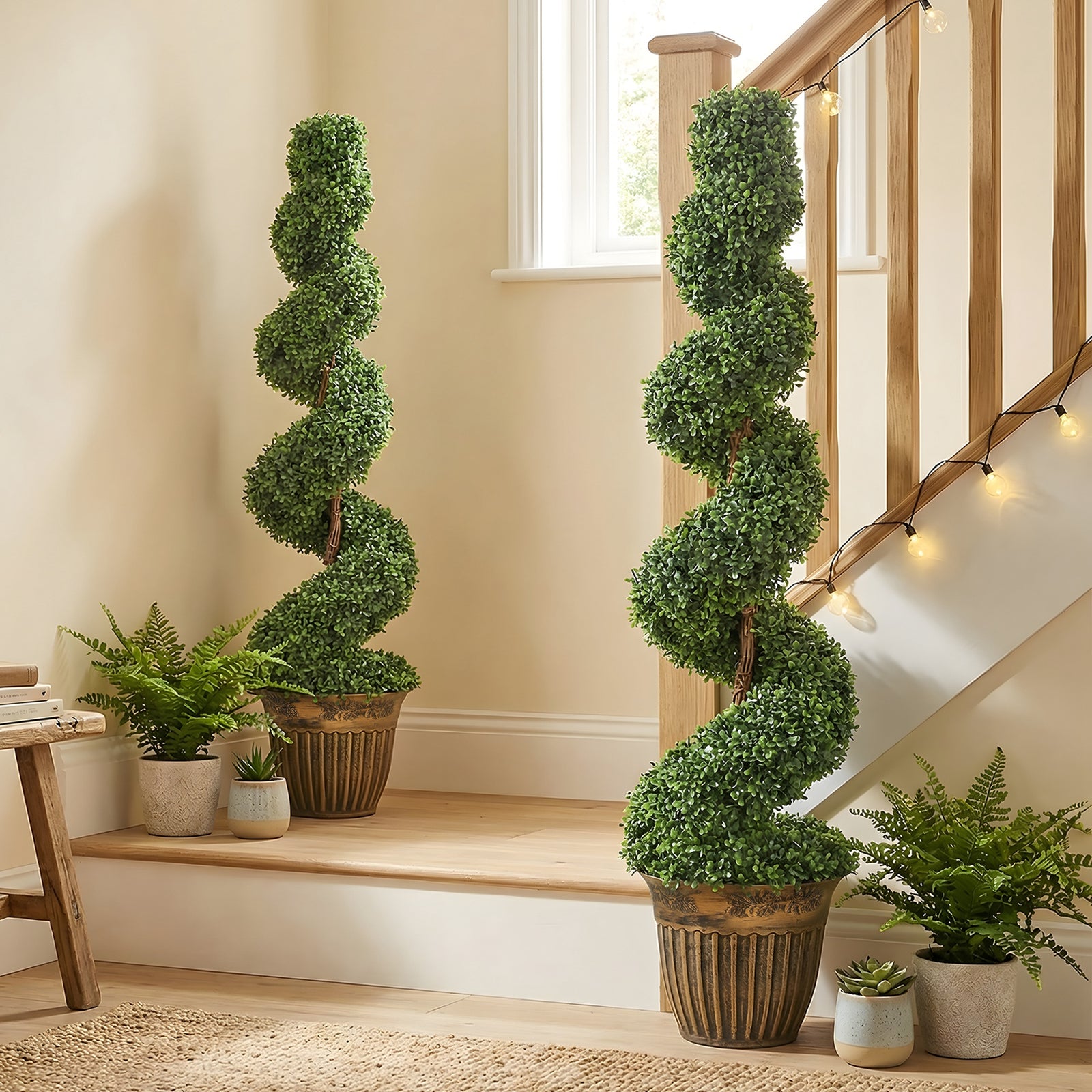 Set of 2 Artificial Plants, Topiary Spiral Boxwood Trees with Pot, for