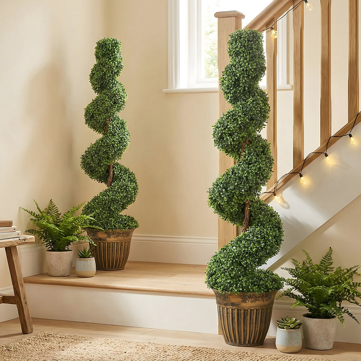 Set of 2 Artificial Plants, Topiary Spiral Boxwood Trees with Pot, for