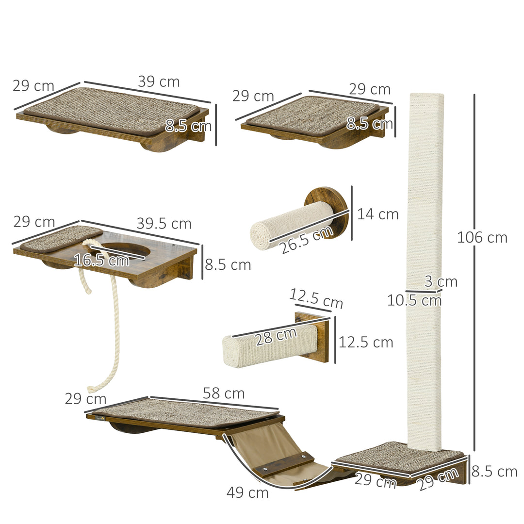 8Pcs Wall Mounted Cat Tree with Scratching Posts, Perches, Ladder, for Sleeping, Playing, Lounging - Brown