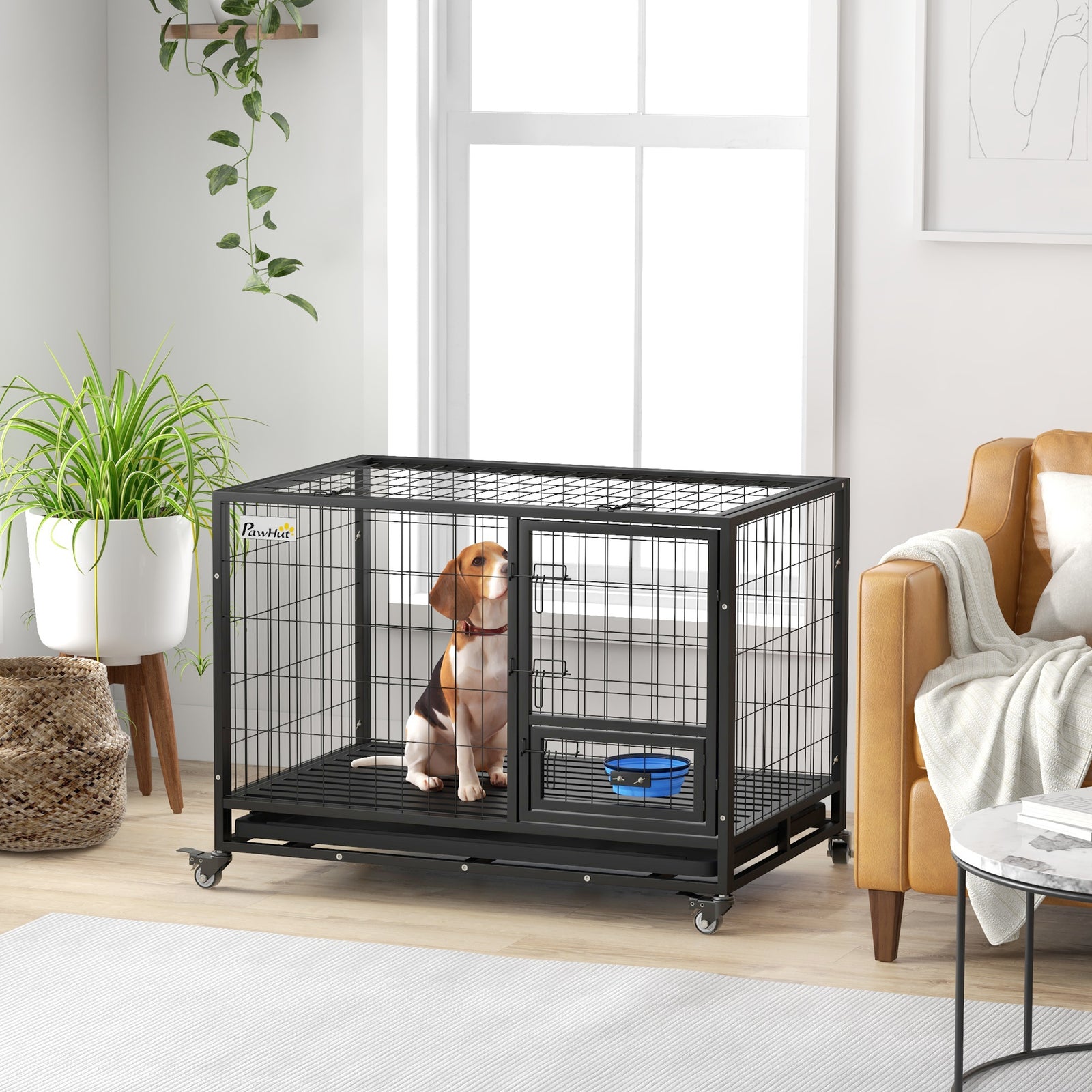 Heavy Duty Dog Crate on Wheels w/ Bowl Holder, Removable Tray, Openable Top, Detachable Door, for L, XL Dogs