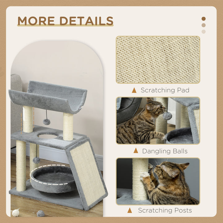 Cat Tree Tower, with Scratching Posts, Pad, Bed, Perch, Toy Ball - Light Grey