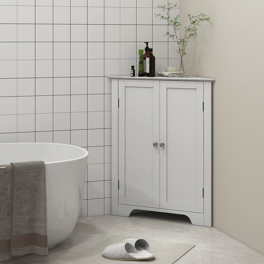 Triangle Bathroom Cabinet, Corner Bathroom Storage Unit with Adjustable Shelf and Recessed Door, Free Standing, White