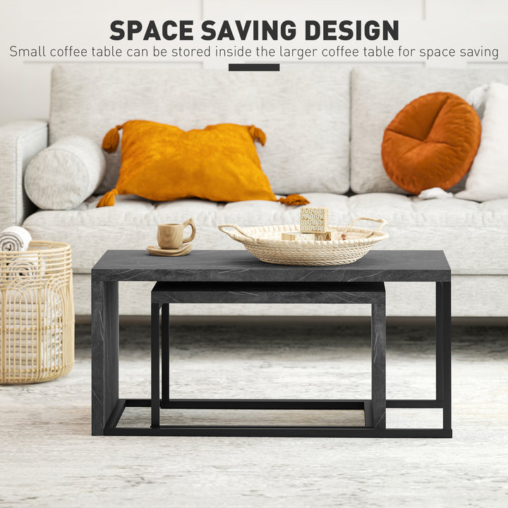 Coffee Tables Set of 2, Industrial Nest of Tables with Metal Frame for Living Room Bedroom, Dark Grey Marble Effect