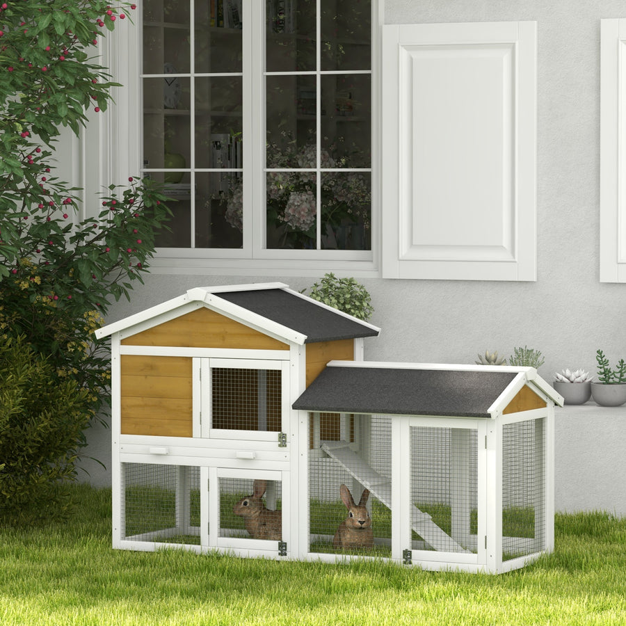 Wooden Rabbit Hutch Outdoor, Double Tier with Water-Resistant Roof, Ramp 147 x 54 x 84 cm, Yellow