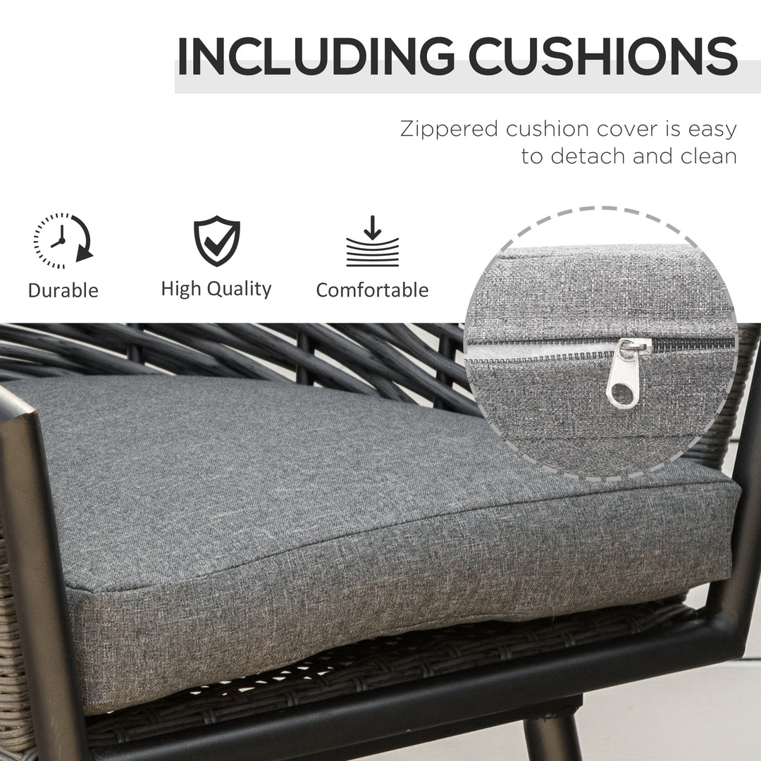 MCL 3 Pieces Rattan Bistro Set, Wicker Garden Furniture Set with Round Glass Top Coffee Table and Chairs, Washable Cushions for Outdoor, Patio, Balcony, Grey