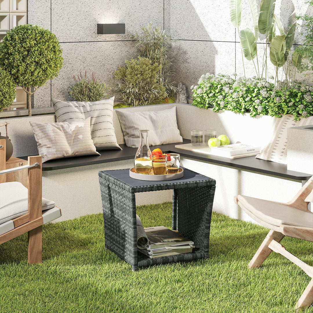 Side Table 2-Tier Outdoor Coffee Table with Storage Shelf PS Wood Slat