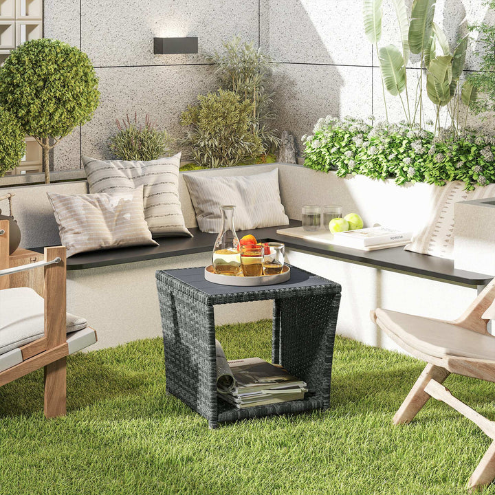 Side Table 2-Tier Outdoor Coffee Table with Storage Shelf PS Wood Slat