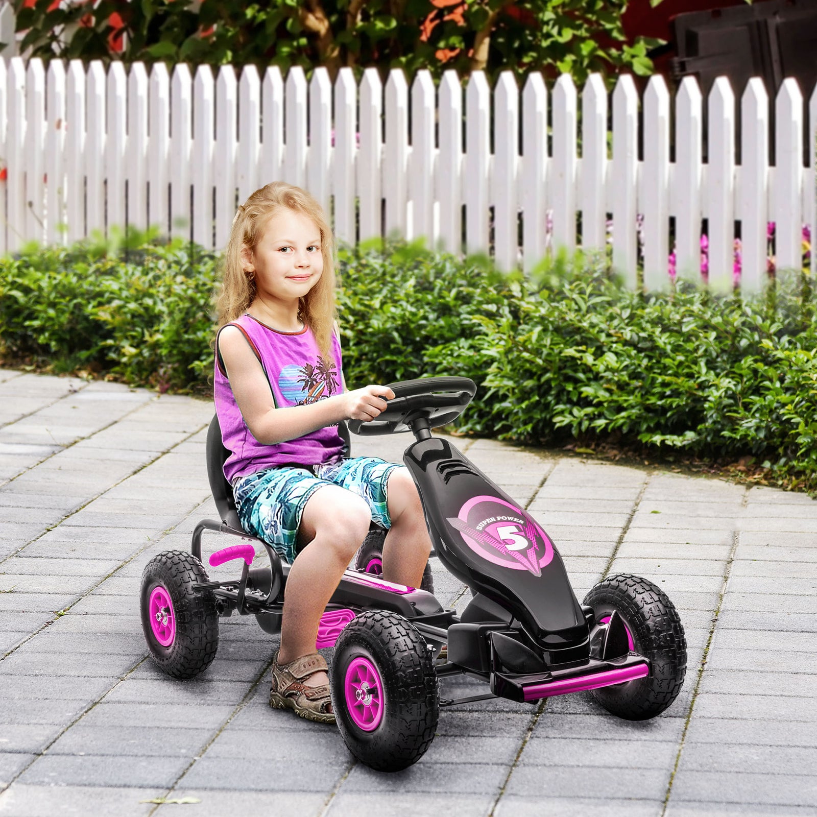 Kids Pedal Go Kart, with Adjustable Seat, Inflatable Tyres - Pink