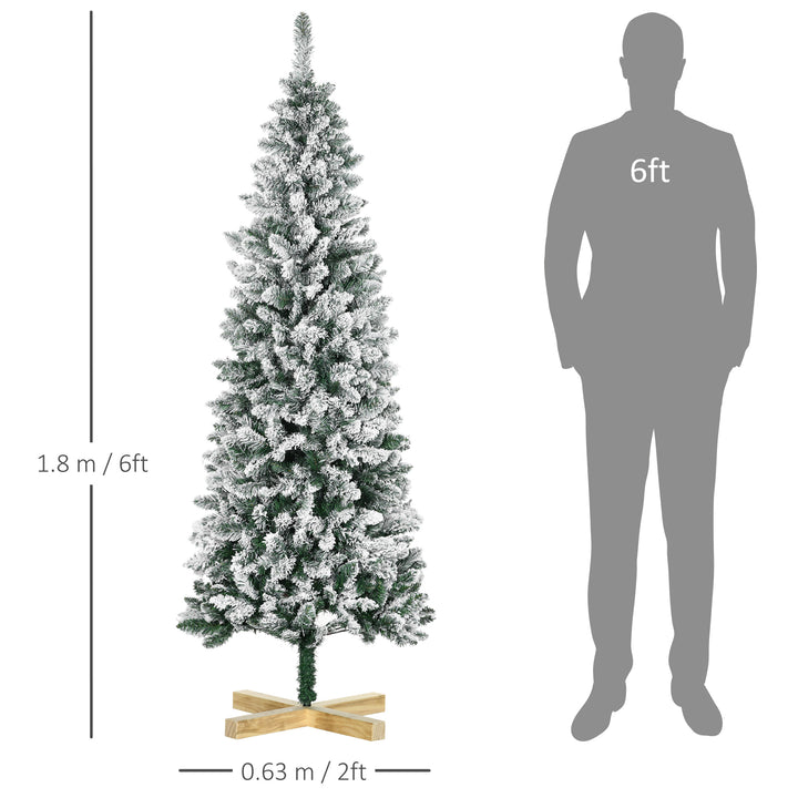 6 Ft Snow Flocked Artificial Christmas Tree, Xmas Pencil Tree with Realistic Branches, Auto Open, Pinewood Base, Green