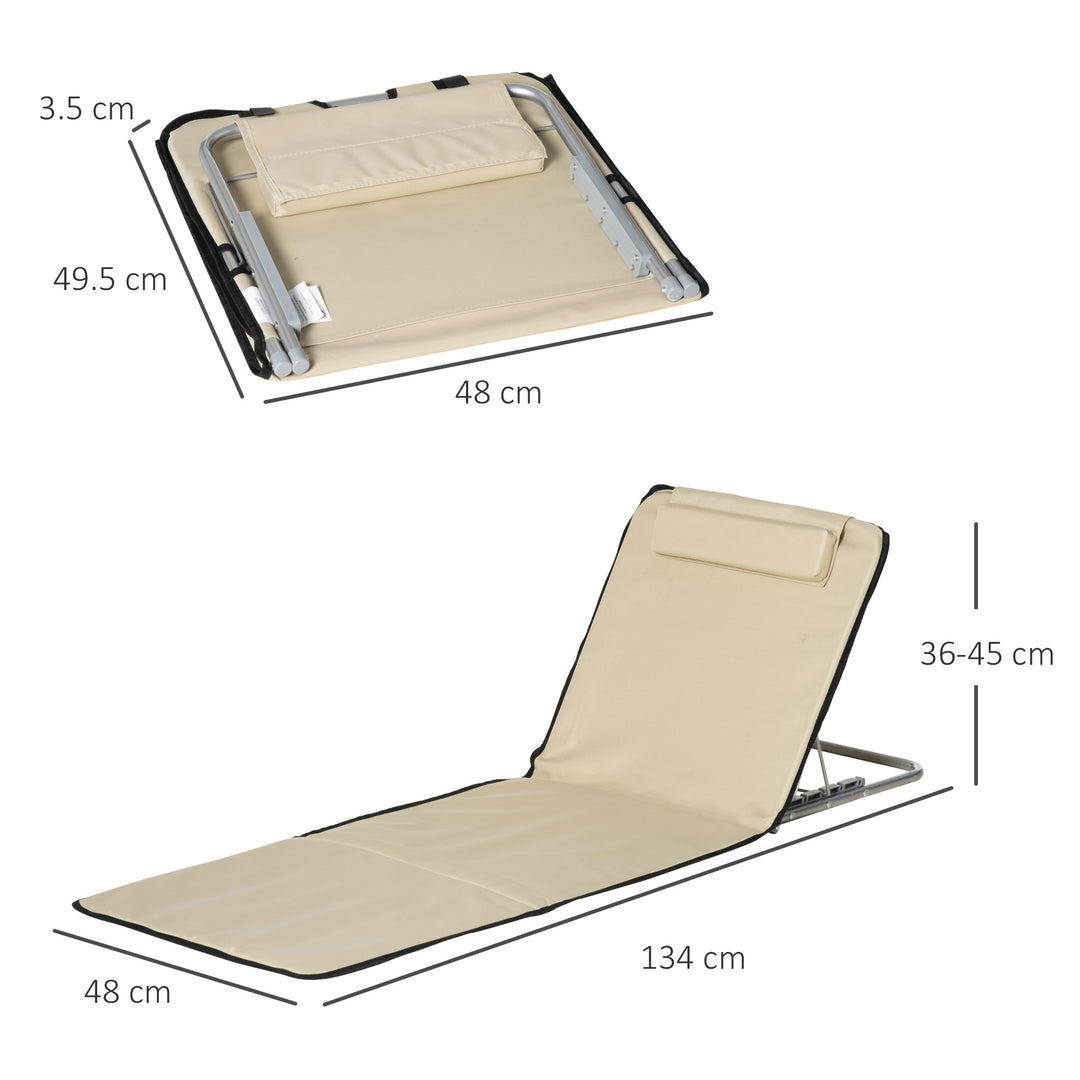 Set of 2 Foldable Garden Beach Chair Mat Lightweight Outdoor Sun Lounger Seats Adjustable Back Metal Frame PE Fabric Head Pillow w/ Carry Bag, Beige