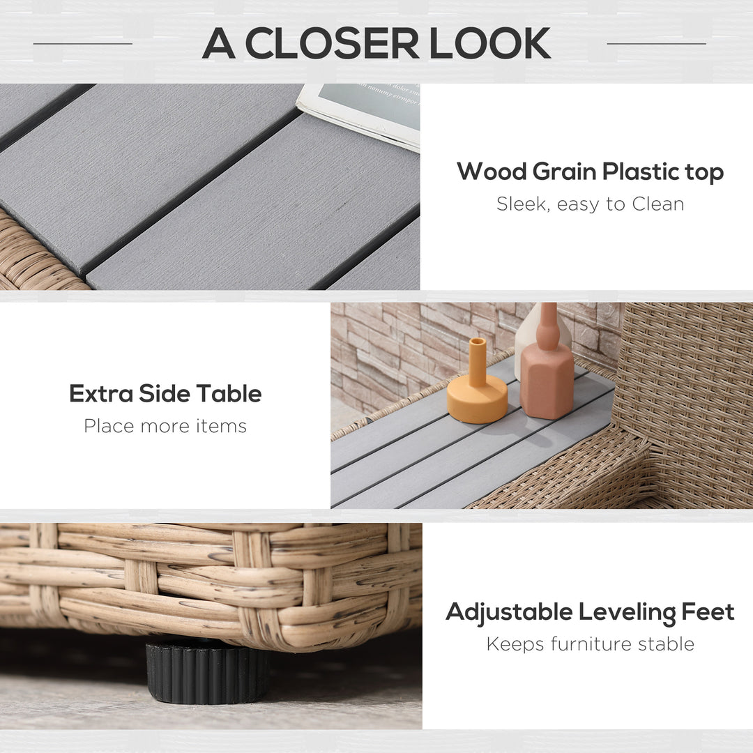 MCL 4 Pieces Rattan Garden Furniture Set, Garden Corner Sofa with Side Trays, Wicker Conservatory Furniture Set with Loveseats, Slatted Plastic Top Coffee Table and Cushions, Beige