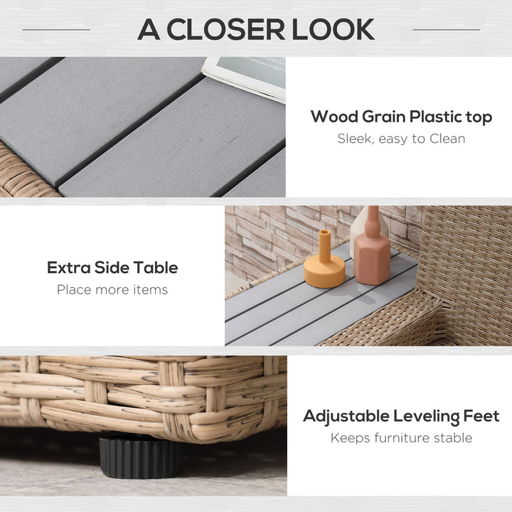 MCL 4 Pieces Rattan Garden Furniture Set, Garden Corner Sofa with Side Trays, Wicker Conservatory Furniture Set with Loveseats, Slatted Plastic Top Coffee Table and Cushions, Beige