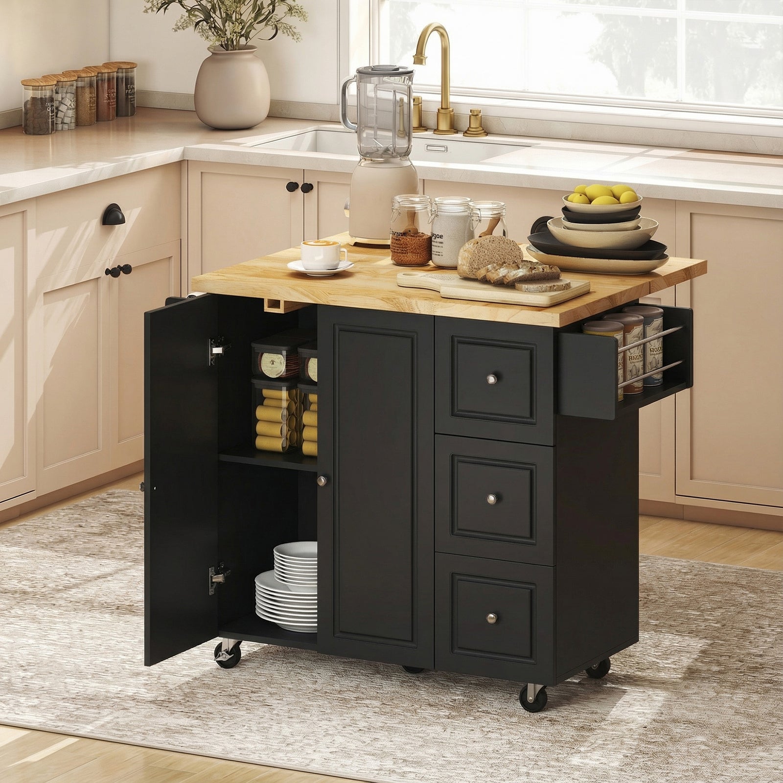 Kitchen Island on Wheels, Rolling Kitchen Storage Trolley with Drop Le