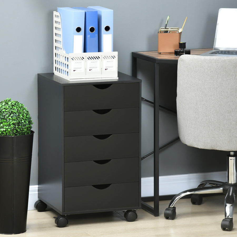 5 Drawer Mobile Filing Cabinet, Vertical File Cabinet, Modern Rolling Office Storage Organizer Cupboard, Black