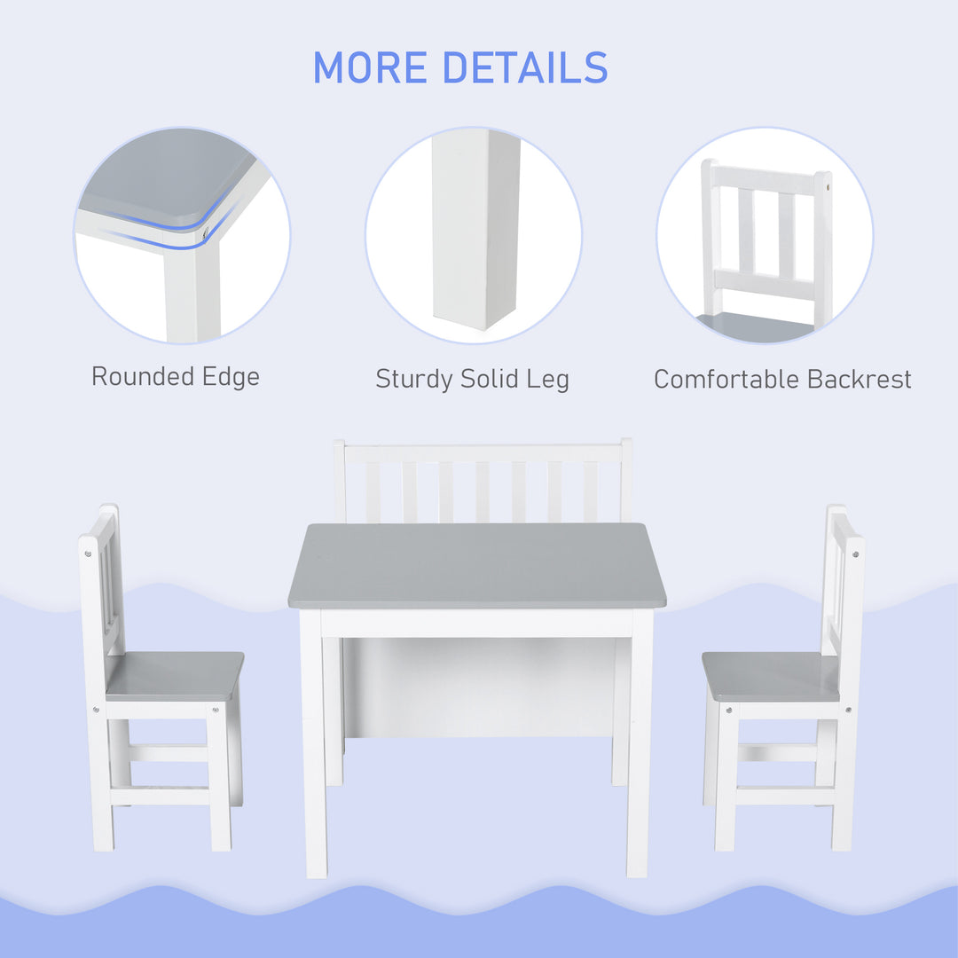 4-Piece Kids Table and Chair Set with 2 Wooden Chairs, 1 Storage Bench, and Interesting Modern Design, Grey/White