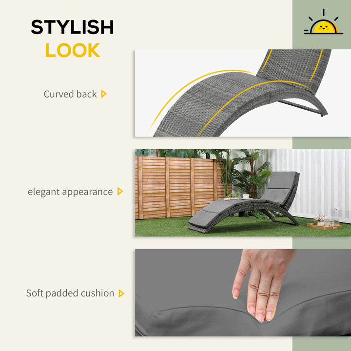 Outdoor Foldable PE Rattan Sun Lounger with Soft Padded Cushion, Ergonomic Curved Design Sun Bed for Balcony, Garden, Grey