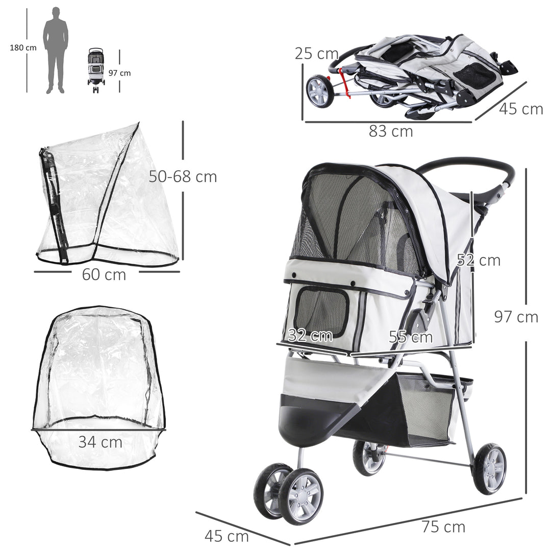 PawHut Small Dog Stroller with Cover, Folding Cat Pram Pushchair with Cup Holder, Storage Basket, Reflective Strips, Grey | Aosom UK