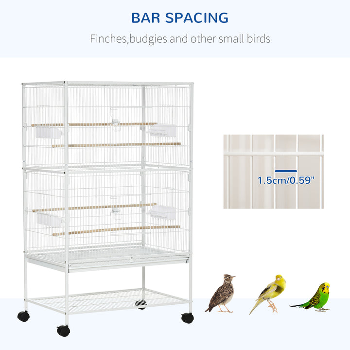 PawHut Large Aviary Bird Cage for Canaries, Budgies with Rolling Stand, Slide-out Cleaning Tray, Perch, Food Containers, White | Aosom UK