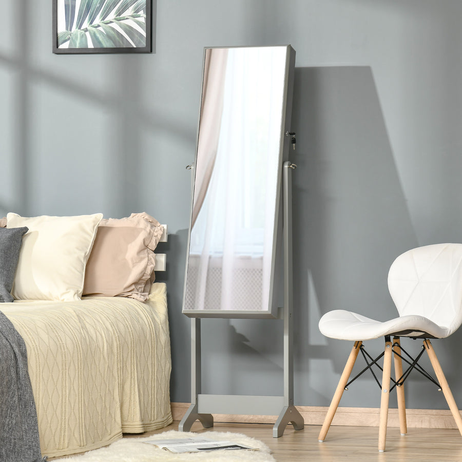 Full Length Mirror with Storage, Jewellery Cabinet with Mirror, Adjustable Angle and Stand, Lockable Jewellery Organiser for Bedroom Dressing Room, Grey