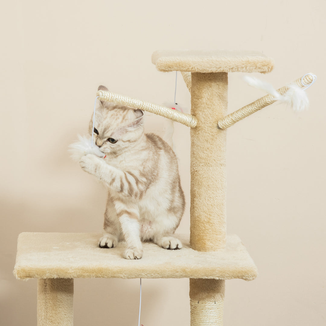 MCL Multi-Level Cat Tree with Scratching Post, Ladder, Cat House, Beige