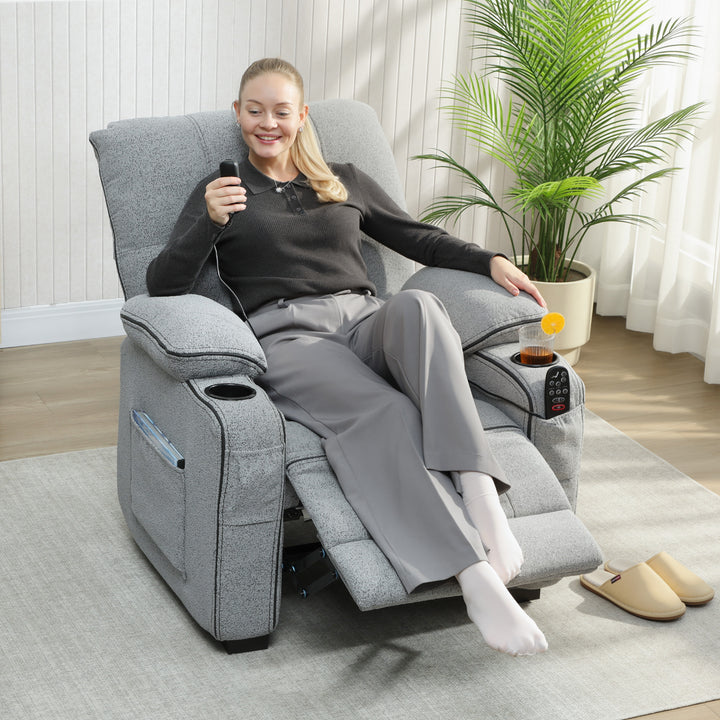 Electric Massage Recliner Armchair with Vibration, Heat, Whisper-Quiet Motor, Memory Function, Velvet Power Reclining Chair with Spring Pack, USB Port, Footrest, Side Pocket, Cup Holders