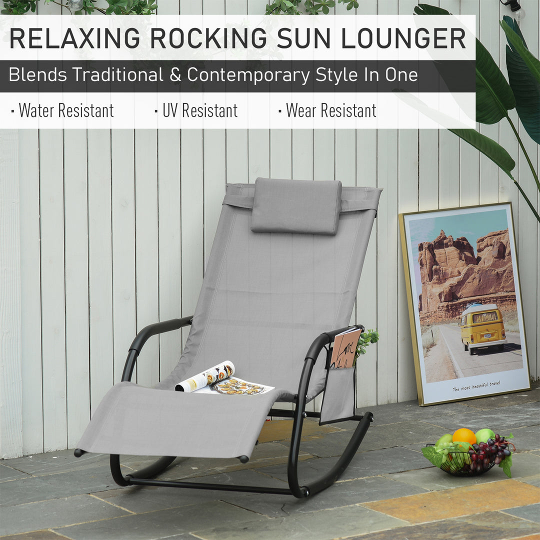 2PCs Outdoor Garden Rocking Chair, Patio Sun Lounger Rocker Chair with Breathable Mesh Fabric, Removable Headrest Pillow, Armrest, Side Storage Bag, Grey