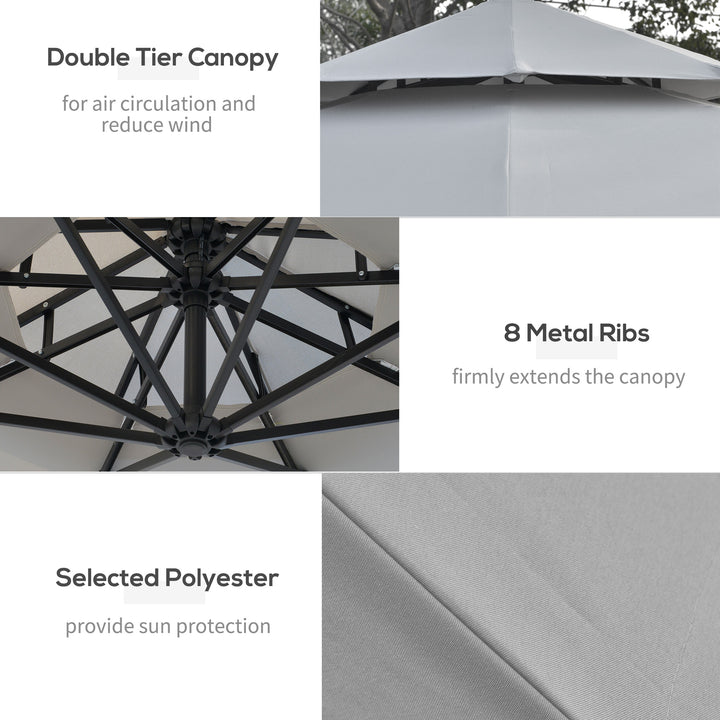 3(m) Cantilever Banana Parasol Hanging Umbrella with Double Roof, LED Solar lights, Crank, 8 Sturdy Ribs and Cross Base for Outdoor, Garden, Patio, Light Grey