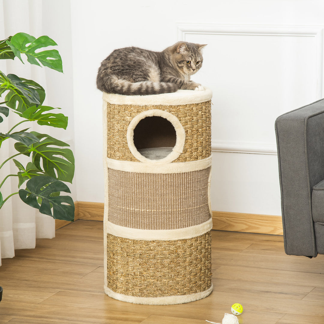 PawHut Cat Scratching Barrel Kitten Tree Tower Pet Furniture Climbing Frame Covered with Sisal and Seaweed Rope Cozy Platform Soft Plush | Aosom UK