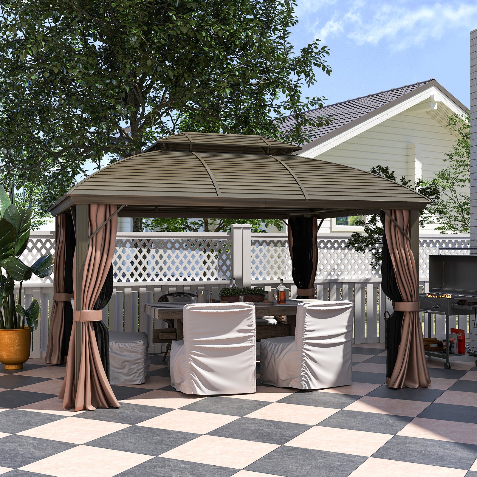 3.65 x 3(m) Hardtop Steel Gazebo Canopy with Aluminium Frame, Double Roof, Net Sidewalls and Curtains, Coffee