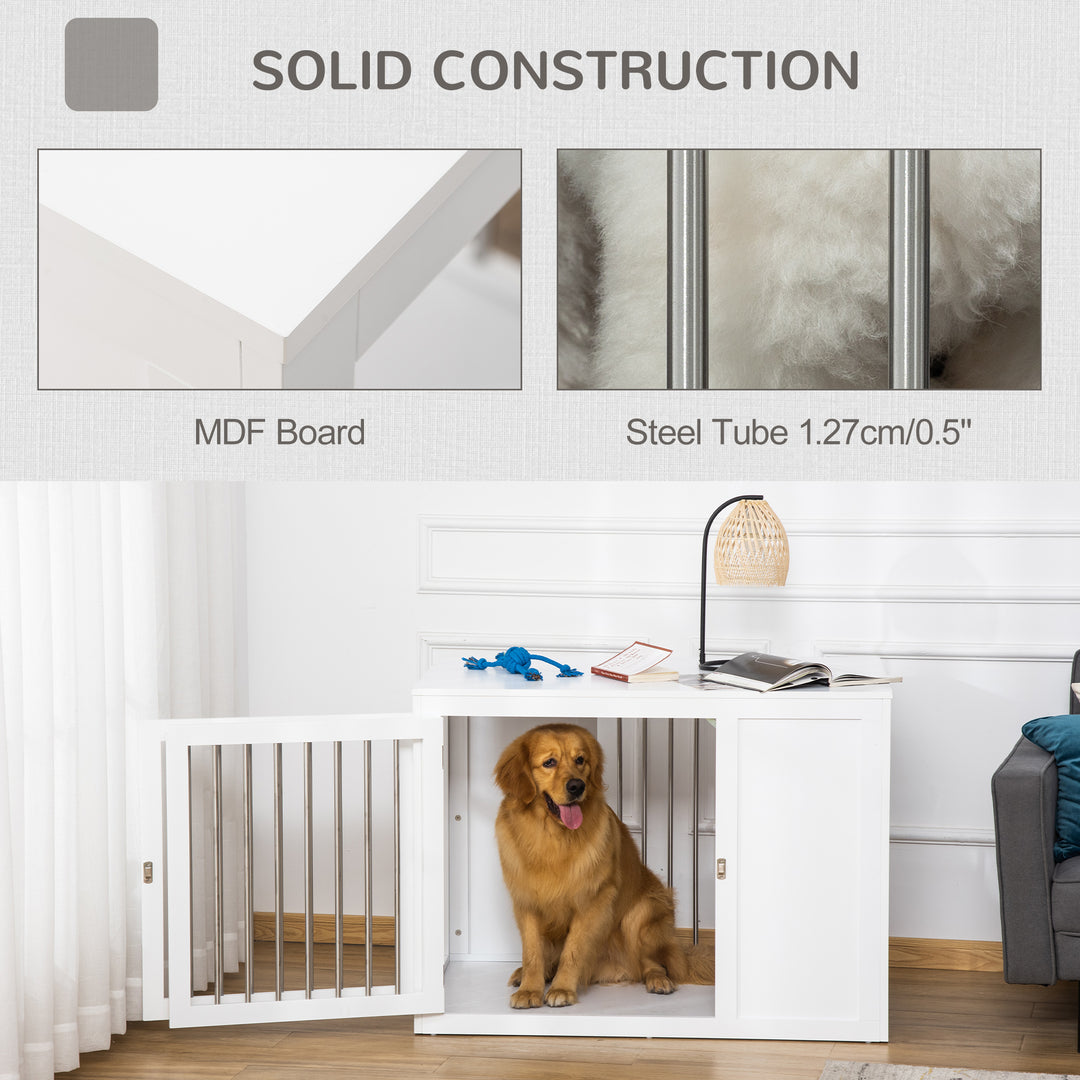 2-in-1 Dog Cage and Side Table, with Two Lockable Doors, for Medium Large Dogs - White