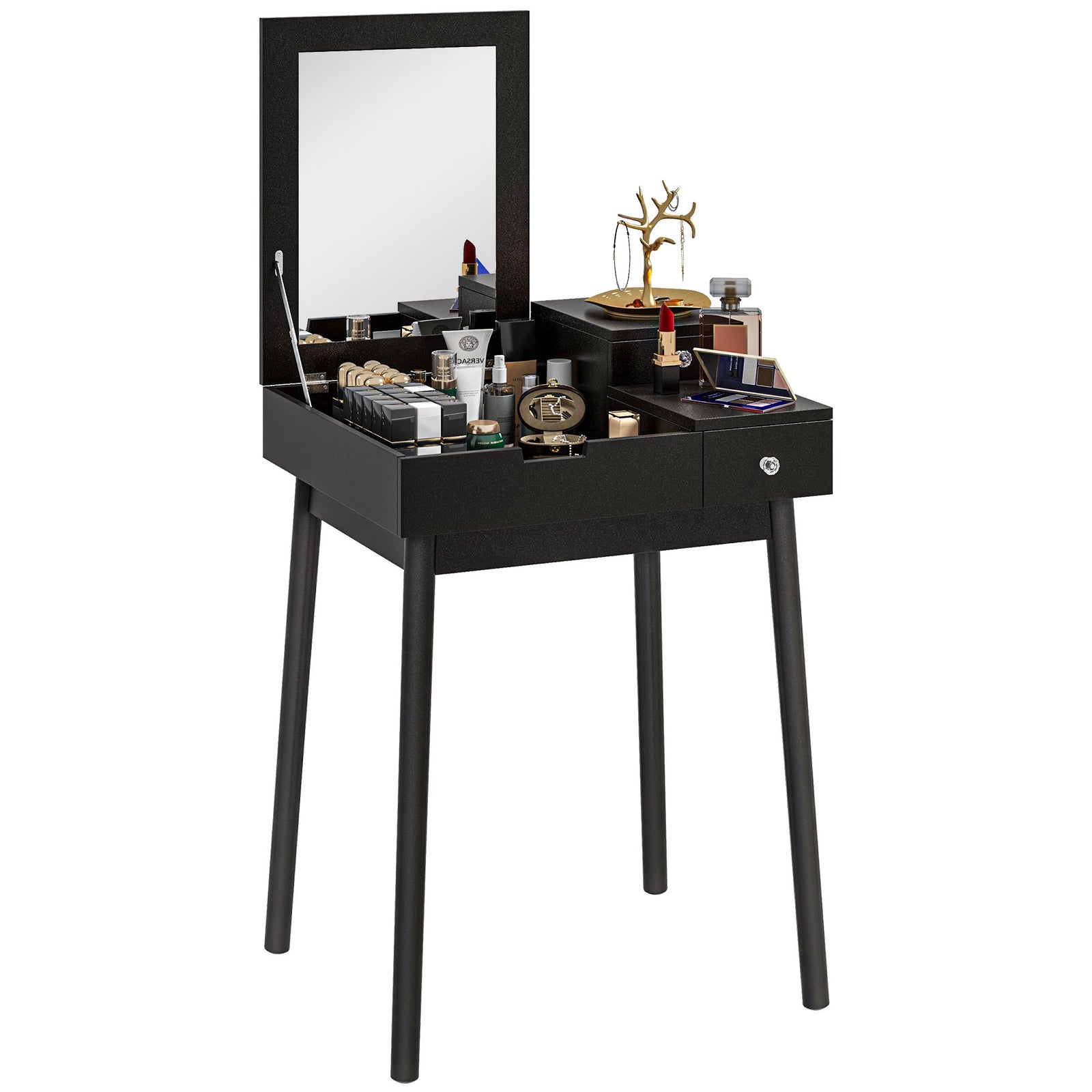 Dressing Table with Flip-up Mirror, Makeup Desk with 2 Drawers, Vanity Table Writing Desk for Bedroom Living Room, Black