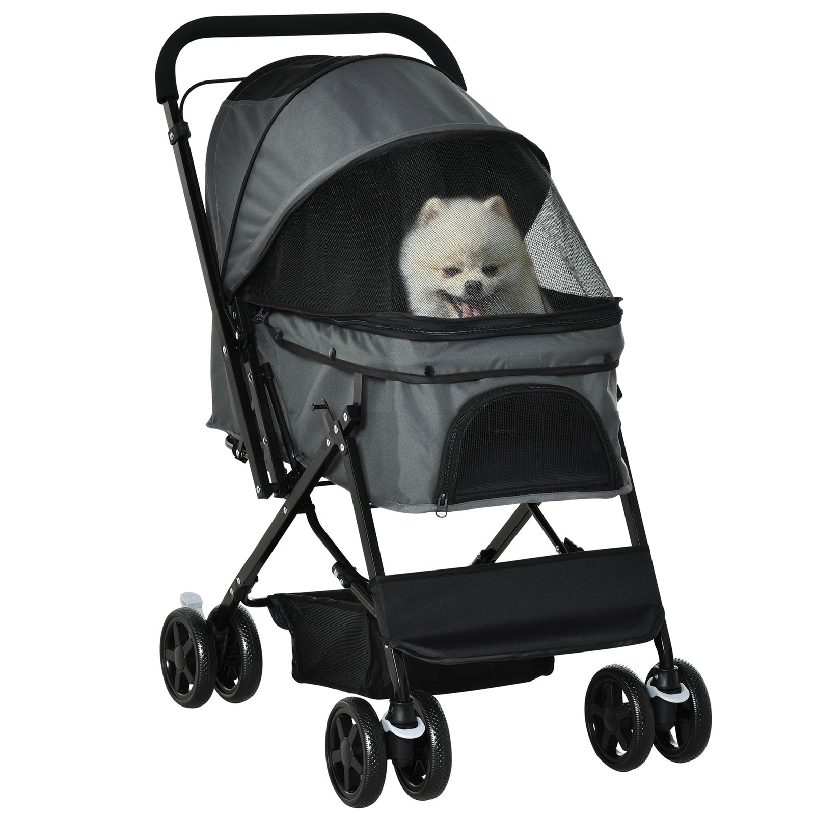 Pet Stroller Pushchair Foldable Travel Dog Cat Carriage w/ Reversible Handle Brake Basket
