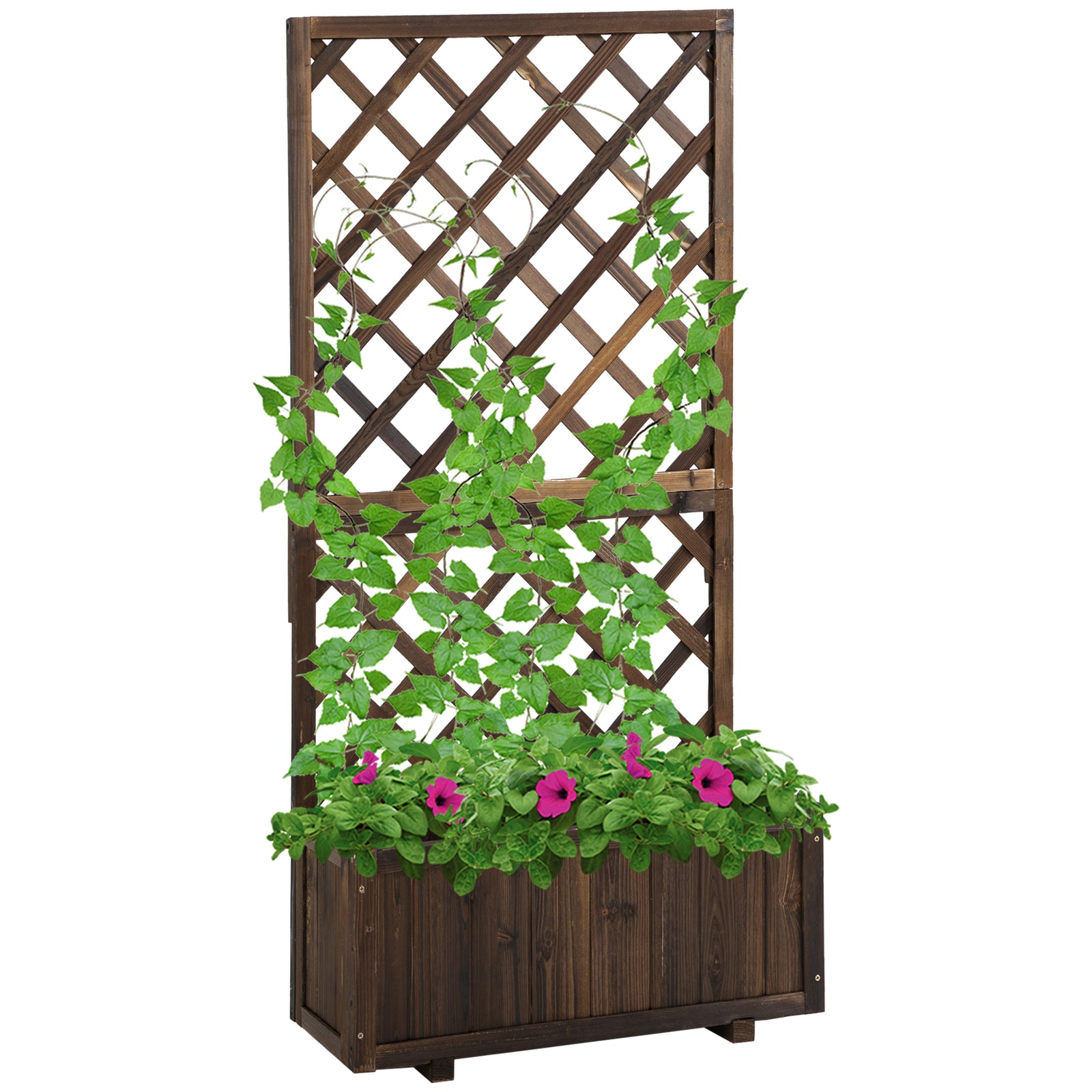 72.5 x 31.5 x 149.5 cm 45L Garden Wooden Pine Trough Planter with Topped Trellis Climbing Plants Flower Raised Bed, Carbonised Finish