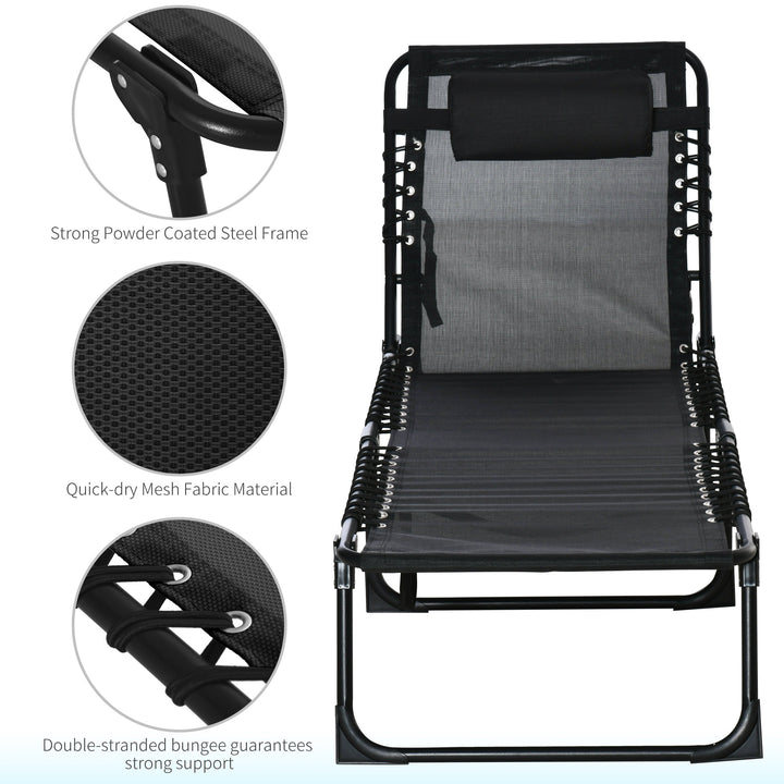 Foldable Sun Lounger, Outdoor 4 Level Adjustable Backrest Reclining Chaise Chair, Steel Frame Recliner Chair for Camping, Hiking, Black