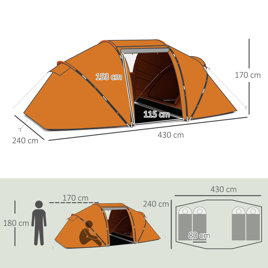 4-6 Man Camping Tent with Living Area and 2 Bedrooms, Hiking Sun Shelter, UV Protection Tunnel Tent, Orange