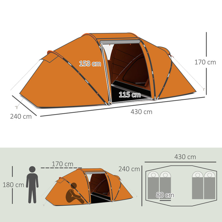 4-6 Man Camping Tent with Living Area and 2 Bedrooms, Hiking Sun Shelter, UV Protection Tunnel Tent, Orange