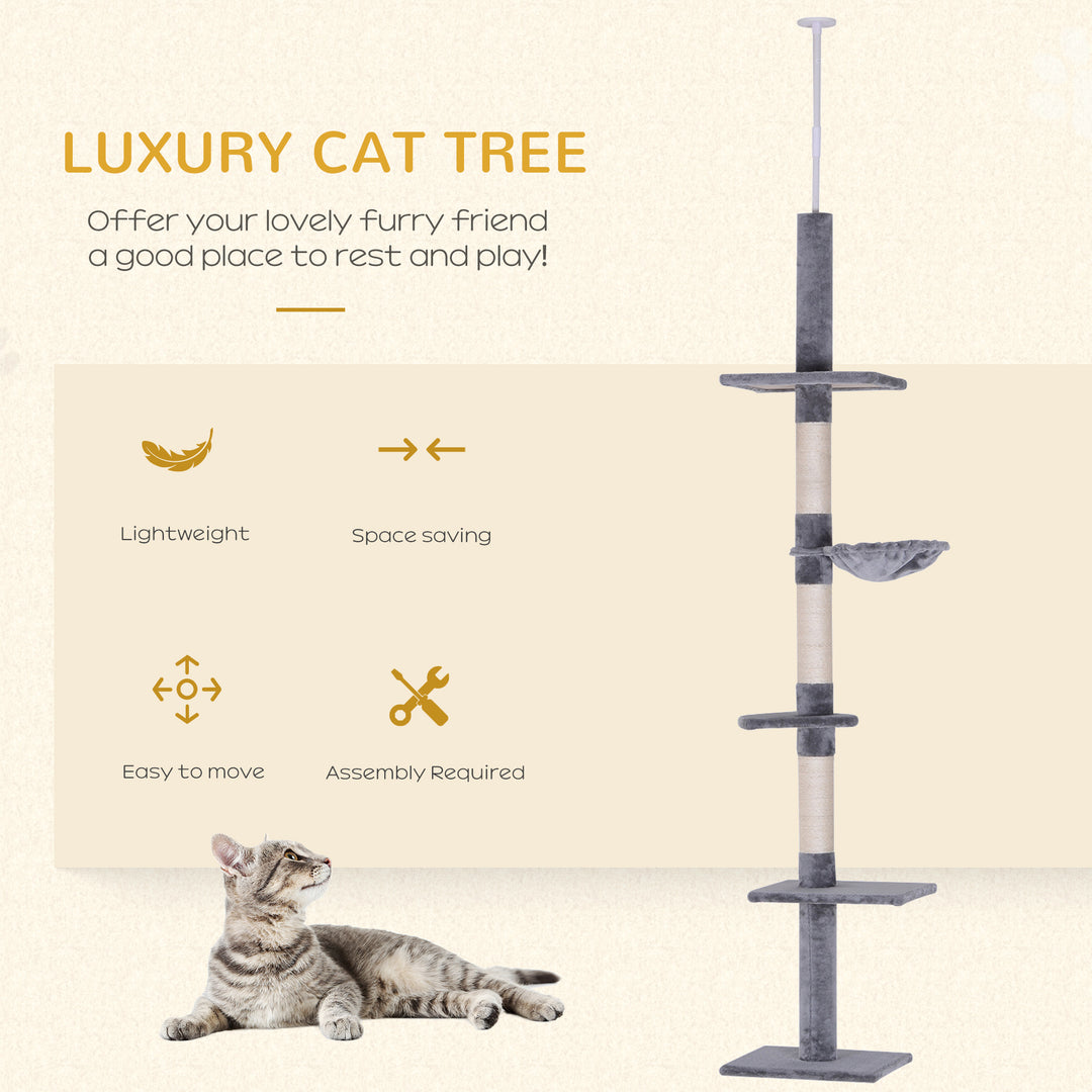 Floor to Ceiling Cat Tree for Indoor Cats 5-Tier Kitty Tower Climbing Activity Center Scratching Post Adjustable Height 230-260 cm Grey