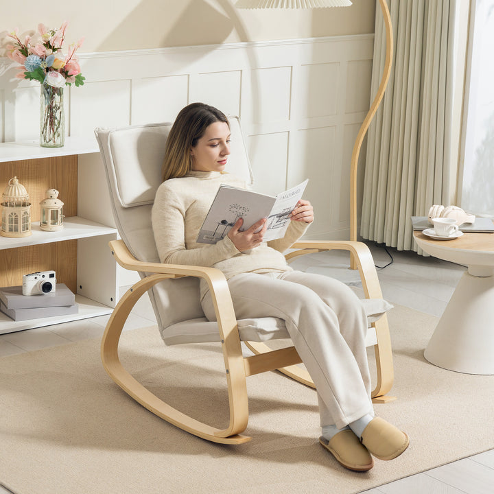 Comfortable Relax Rocking Chair, Upholstered Lounge Chair Recliner with High Back and Headrest for Living Room, Bedroom, Cream White