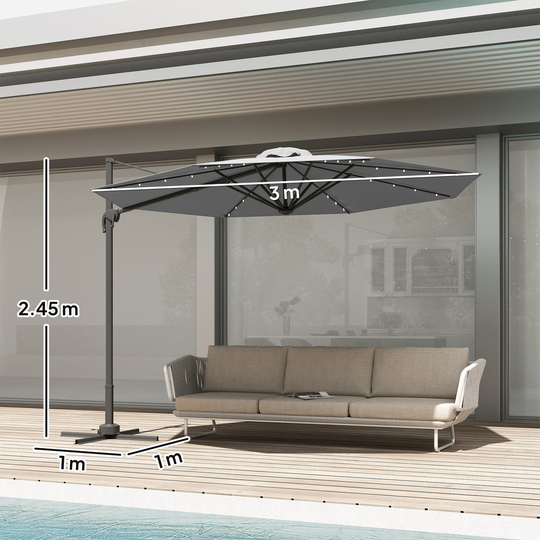 MCL 3(m) Cantilever Roma Parasol Patio Sun Umbrella with Crank & Tilt LED Solar Light Cross Base 360° Rotating Outdoor, Dark Grey